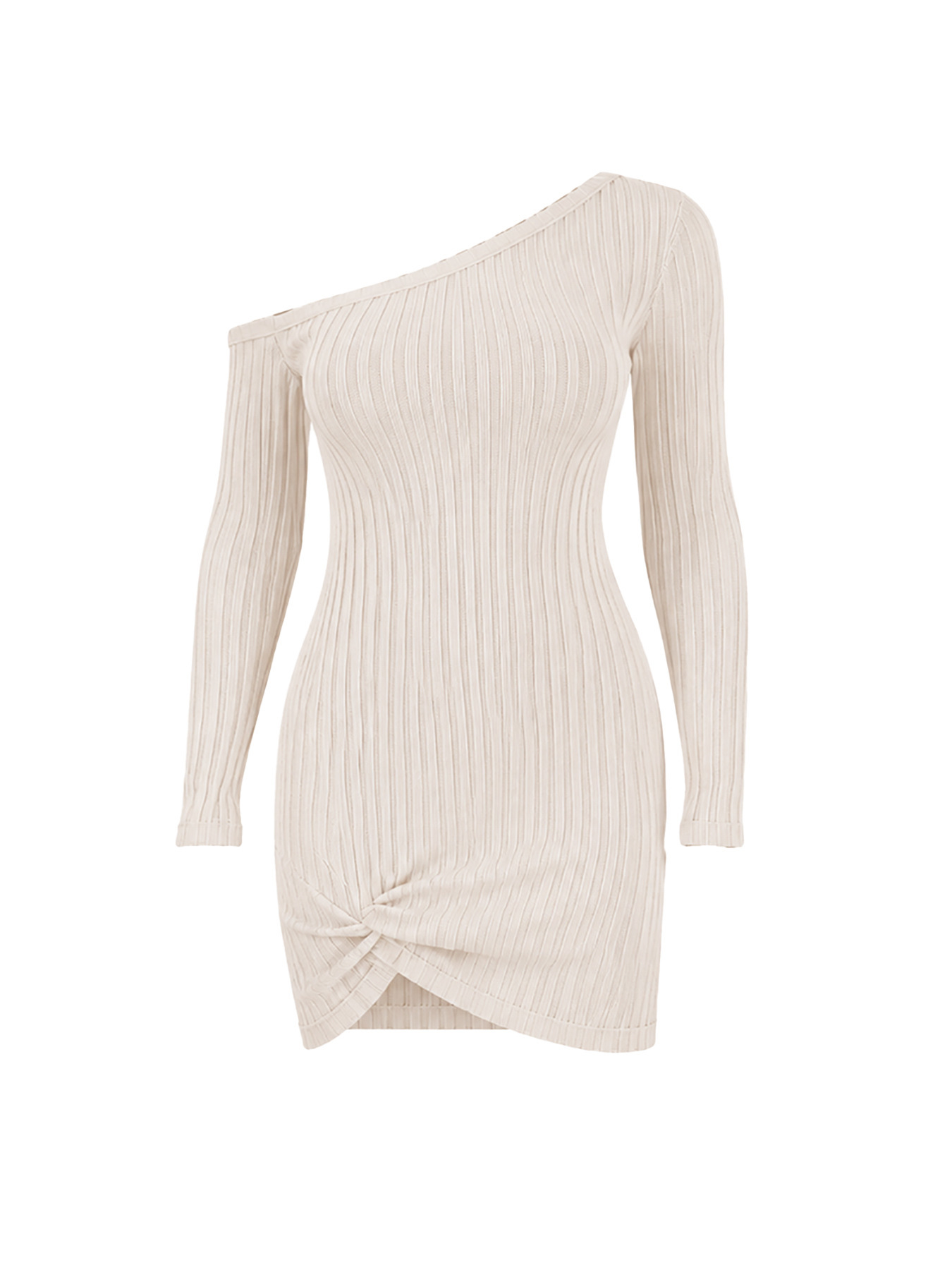 Long Sleeve Ribbed Knitted Slash Shoulder Bodycon Dress