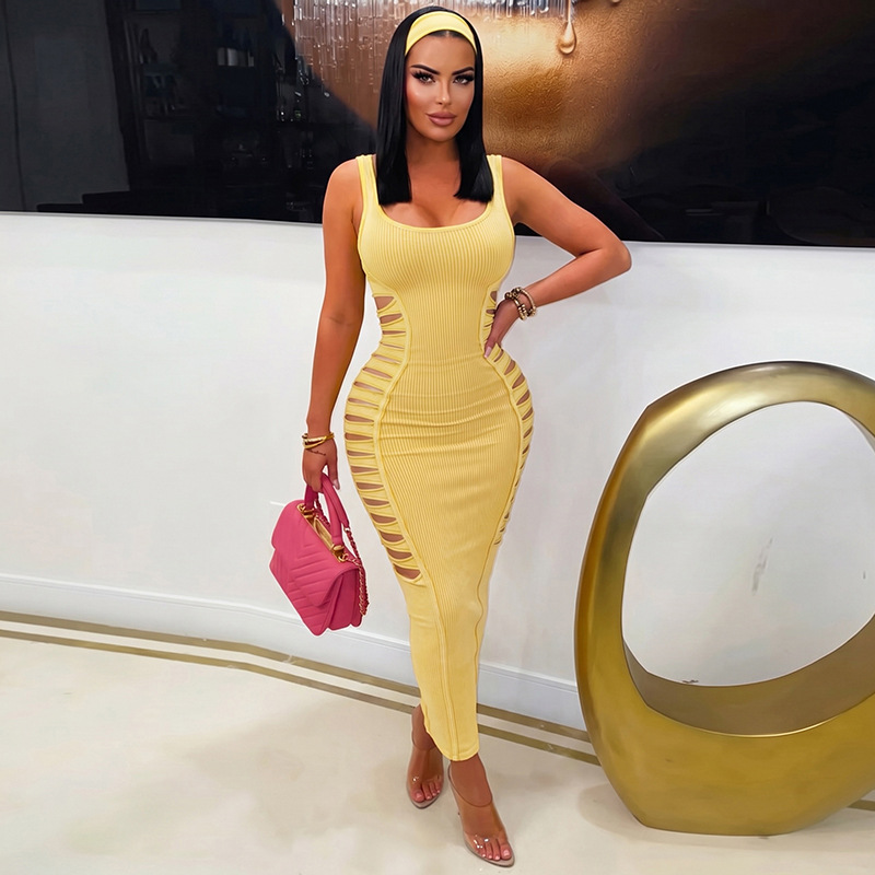 Solid Cutout U-Neck Slim-Fit Bodycon Dress for Fall