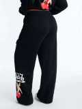 Women Printed Short Zipper Hoodie And Wide Leg Pants Two Piece Set