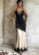 Women V‑Neck Lace Strap Dress Black White Color Block Patchwork Lace Trim Split Mermaid Dress
