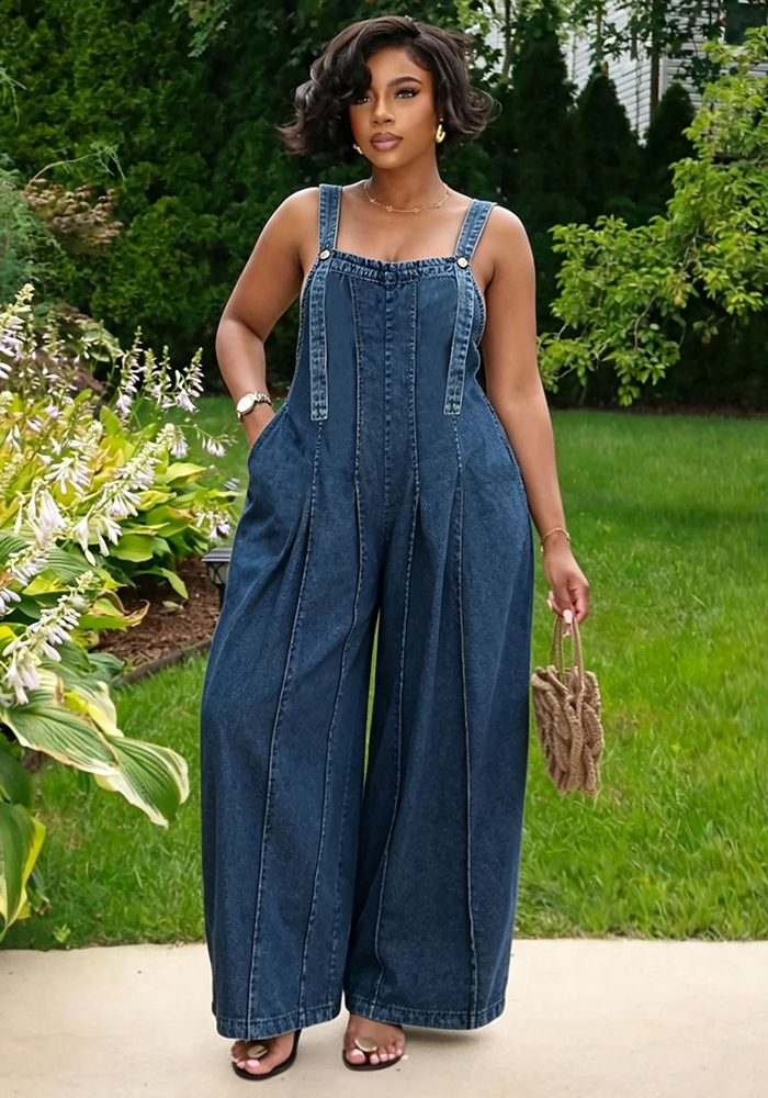 Side Pocket Pleated Wide Leg Washed Denim Overalls