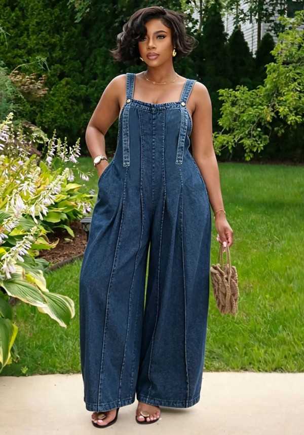Women Casual Side Pocket Pleated Wide Leg Washed Denim Overalls