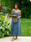 Women Casual Raw Edge Side Pocket Spaghetti Strap Denim Dress