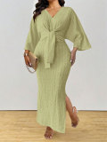 Plus Size Women Fall Winter Elegant V‑Neck Long Sleeve Knitting Lace‑Up Dress