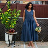 Women's Casual Pleated Sleeveless Denim Dress with Side Pockets