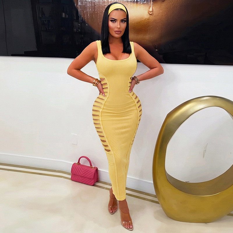 Solid Cutout U-Neck Slim-Fit Bodycon Dress for Fall
