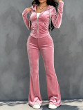 Women Fall Winter Casual Velvet Zipper Hoodie Top And Long Pants Two Piece Set