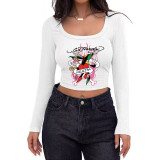 Women's Casual Ribbed Slim-Fit Cropped Long-Sleeve Square-Neck T-Shirt