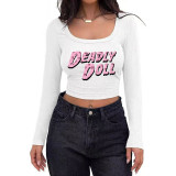 Women's Casual Ribbed Slim-Fit Cropped Long-Sleeve Square-Neck T-Shirt