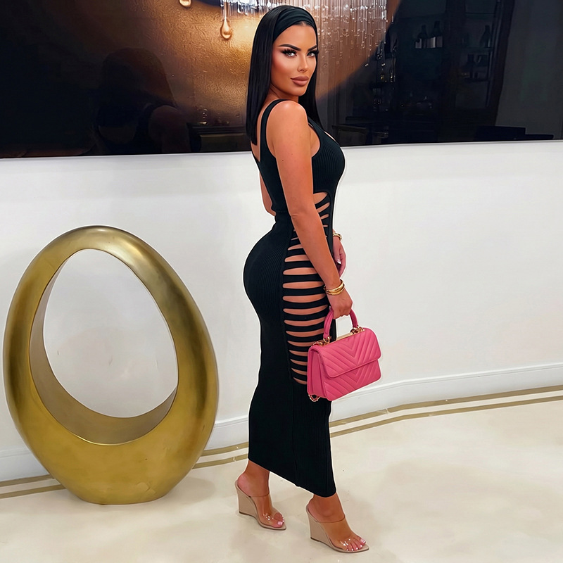 Solid Cutout U-Neck Slim-Fit Bodycon Dress for Fall