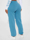 Women American Skull Print Long Sleeve Color Block Top And Letter Print Wide Leg Sweatpants Casual Two Piece Set