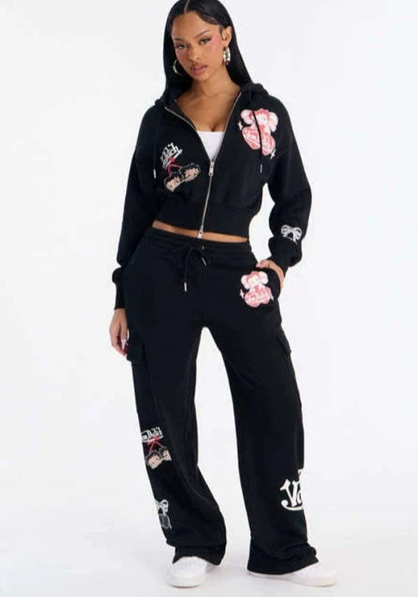 Women Printed Short Zipper Hoodie And Wide Leg Pants Two Piece Set