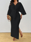 Plus Size Women Fall Winter Elegant V‑Neck Long Sleeve Knitting Lace‑Up Dress