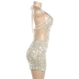 Summer Women's Fashionable Sequin Sexy Low-Back Halter Neck Lace-Up Club Mini Dress