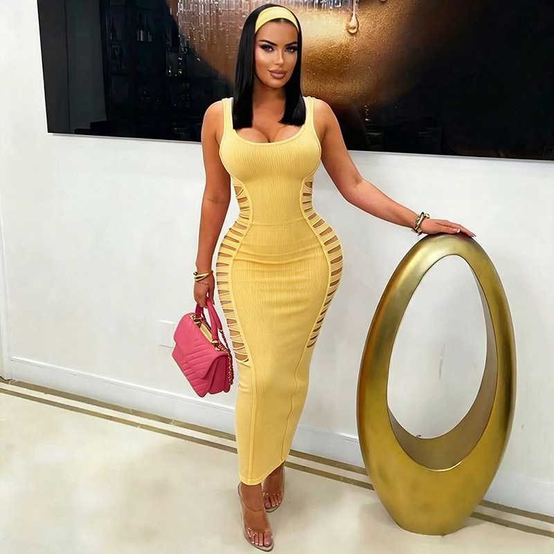 Solid Cutout U-Neck Slim-Fit Bodycon Dress for Fall