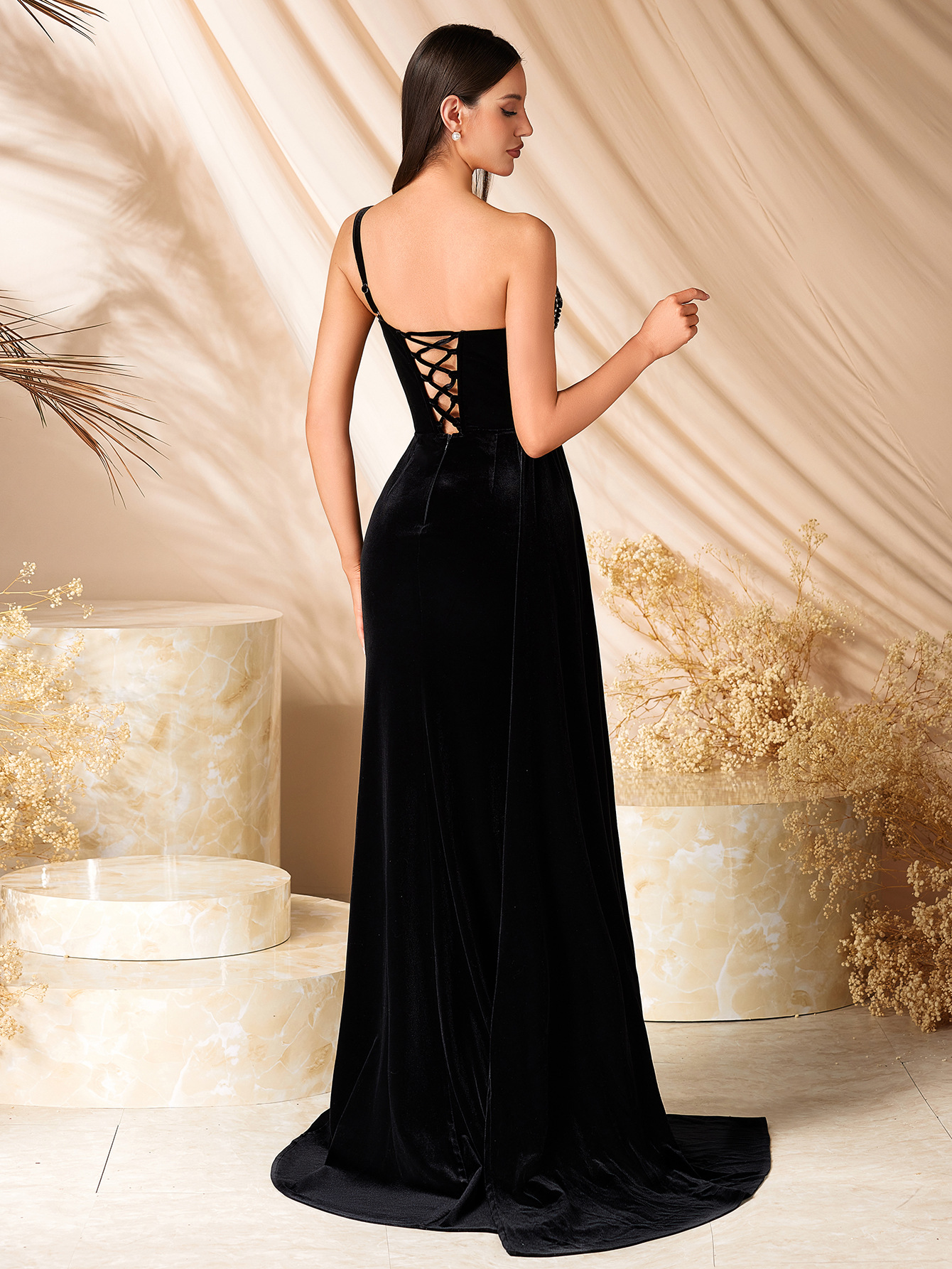 Velvet Sleeveless One-Shoulder Mermaid Split Evening Dress