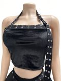 Fall Women's Solid Fuzzy Halter Neck Crop Top with Tie-Detail Slim-Fit Capri Pants Set