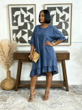 Women Irregular Ruffle Denim Dress