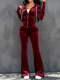 Women Fall Winter Casual Velvet Zipper Hoodie Top And Long Pants Two Piece Set