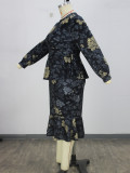 Plus Size Printed Slim-Waist Ruffle-Hem Top with High-Waisted Ruffle Mermaid Skirt Set