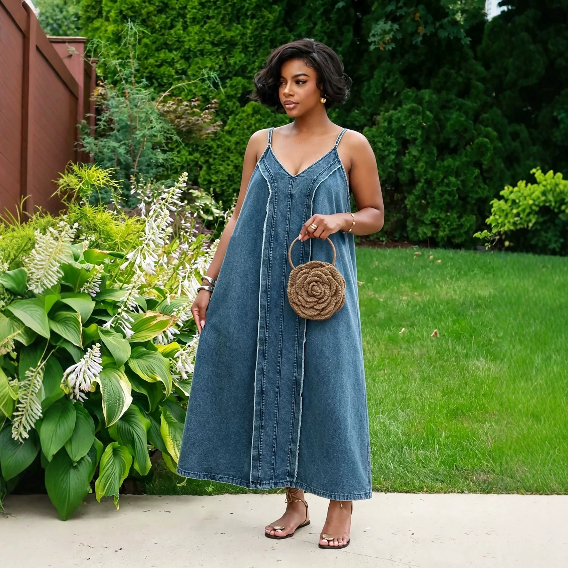 Raw Edge Side Pocket Spaghetti Strap Denim Dress