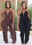 Women Halter Neck Side Ruffle Bell Bottom Jumpsuit
