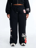 Women Printed Short Zipper Hoodie And Wide Leg Pants Two Piece Set