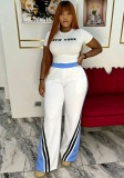 Women Casual Summer Color Block Stripe Trim Short Sleeve Top And Patchwork Pants Two Piece Set