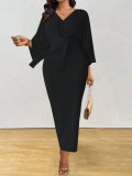 Plus Size Women Fall Winter Elegant V‑Neck Long Sleeve Knitting Lace‑Up Dress