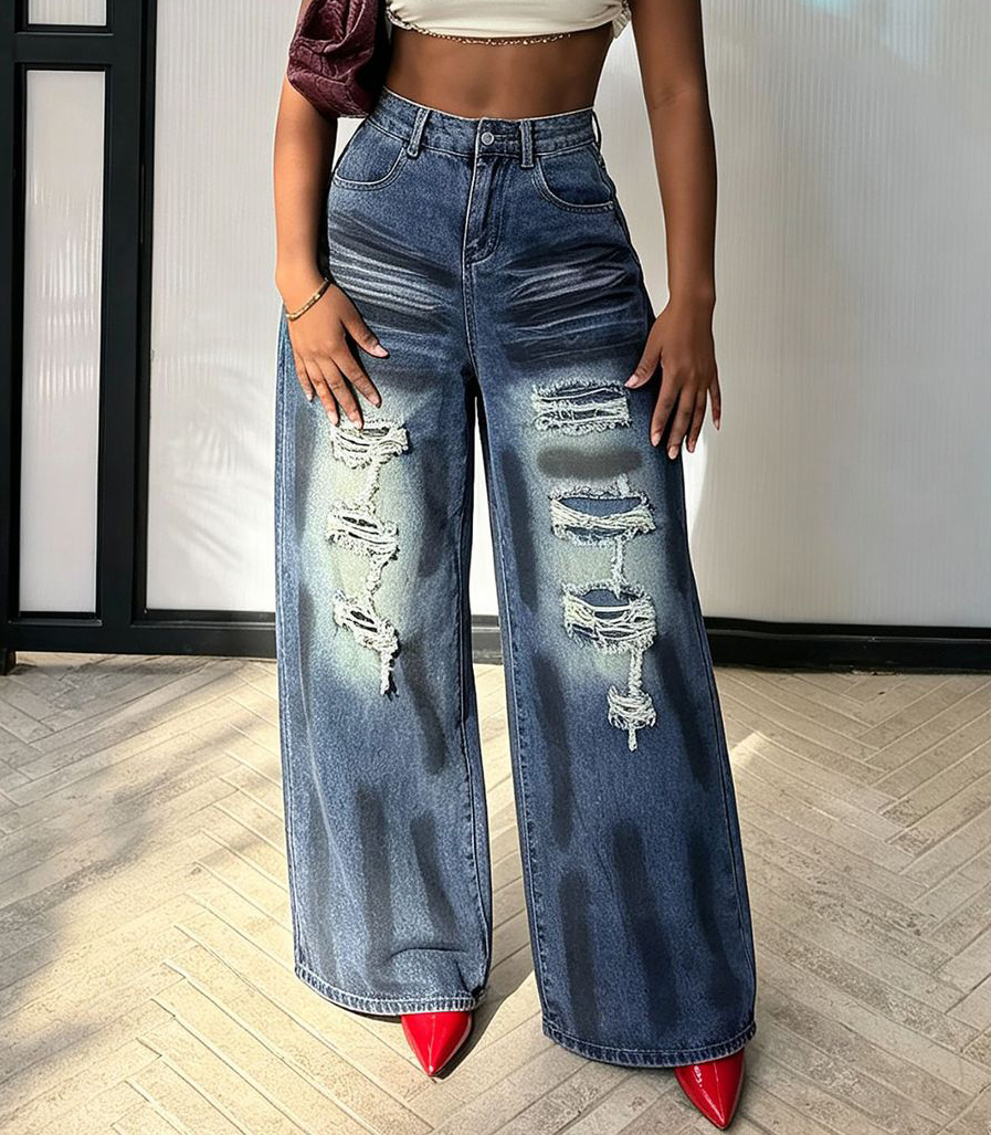 Washed Ripped Wide-Leg Straight-Leg Denim Pants for Streetwear