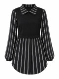 Women's Career Striped Patchwork Turn-Down Collar Long-Sleeve Shirt Dress