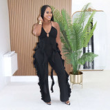 Women Halter Neck Side Ruffle Bell Bottom Jumpsuit