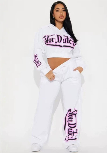 Women Letter Print Cropped Hoodie Casual Wide Leg Sweatpants Two Piece Set
