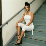 Fall Women's Solid Fuzzy Halter Neck Crop Top with Tie-Detail Slim-Fit Capri Pants Set