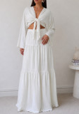 Women Casual Holidays V‑Neck Lace‑Up Long Sleeve Top And Skirt Two Piece Set
