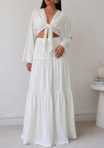 Women Casual Holidays V‑Neck Lace‑Up Long Sleeve Top And Skirt Two Piece Set Women Casual Holidays V‑Neck Lace‑Up Long Sleeve Top And Skirt Two Piece Set