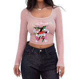 Women's Casual Ribbed Slim-Fit Cropped Long-Sleeve Square-Neck T-Shirt