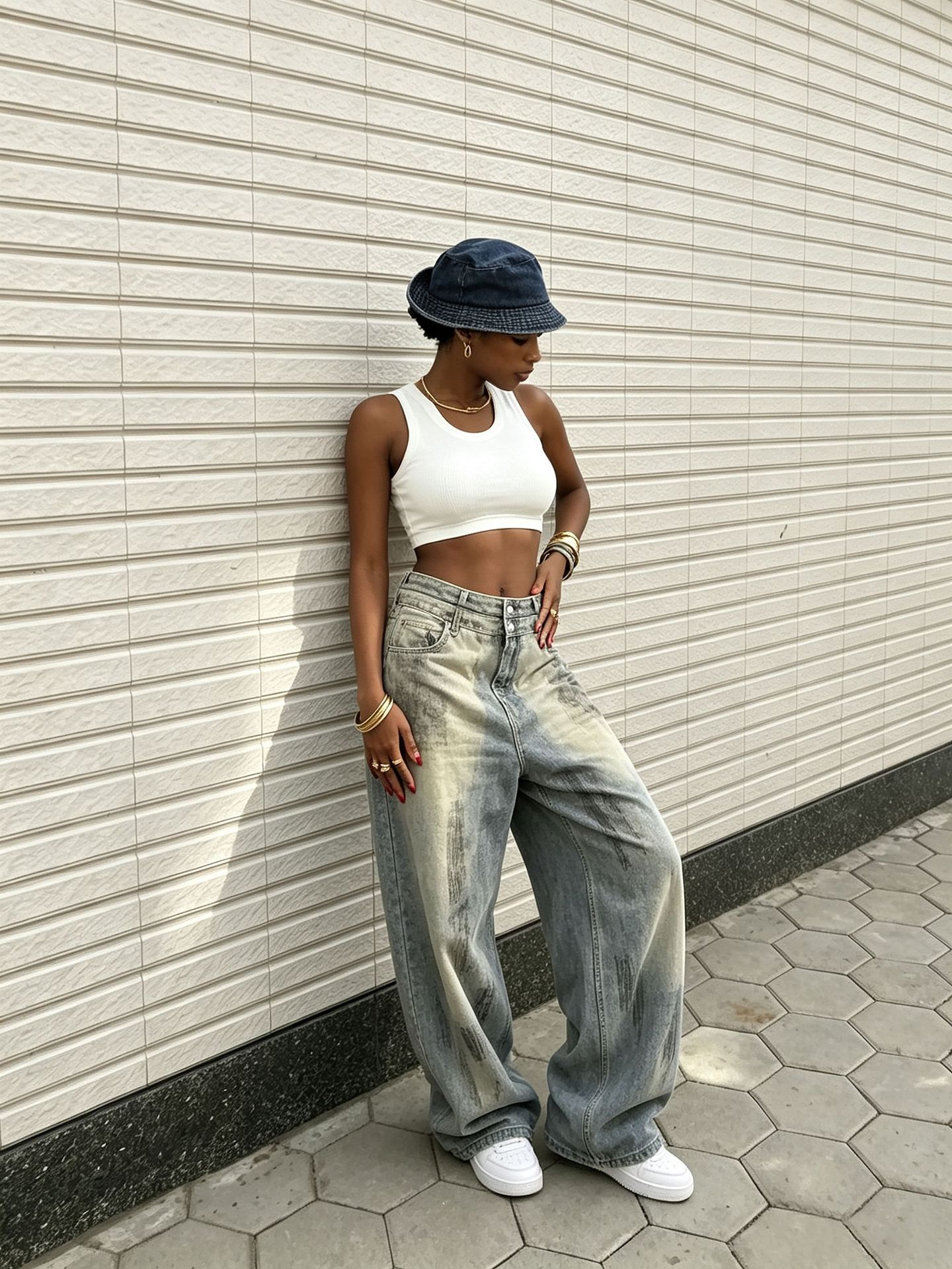 Washed Double-Waist Wide-Leg Denim Pants
