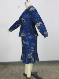 Plus Size Printed Slim-Waist Ruffle-Hem Top with High-Waisted Ruffle Mermaid Skirt Set