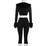 Women's Sexy Solid Strapless Top with Long-Sleeve Raw-Edge Jacket and Cropped Pants Three-Piece Set