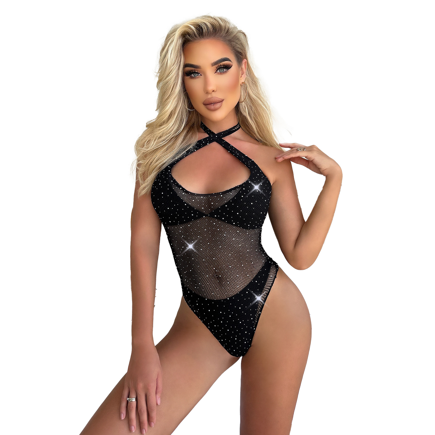 Rhinestone Fishnet Halter Neck Cross Hollow-Out See-Through Bodysuit Lingerie