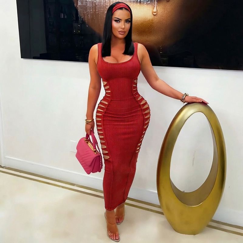 Solid Cutout U-Neck Slim-Fit Bodycon Dress for Fall