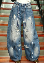 Women Splash Ink Graffiti Ripped Denim Pants