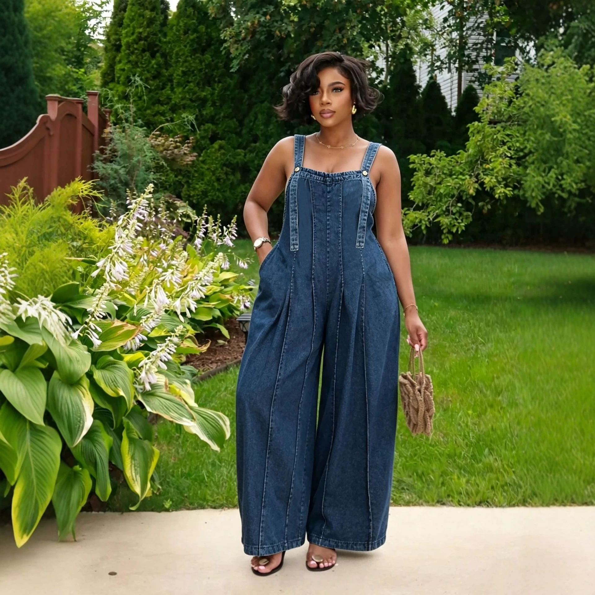 Side Pocket Pleated Wide Leg Washed Denim Overalls