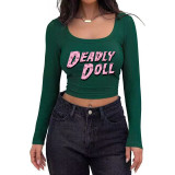 Women's Casual Ribbed Slim-Fit Cropped Long-Sleeve Square-Neck T-Shirt