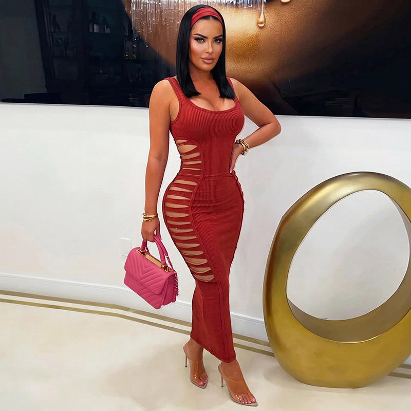 Solid Cutout U-Neck Slim-Fit Bodycon Dress for Fall