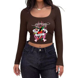 Women's Casual Ribbed Slim-Fit Cropped Long-Sleeve Square-Neck T-Shirt