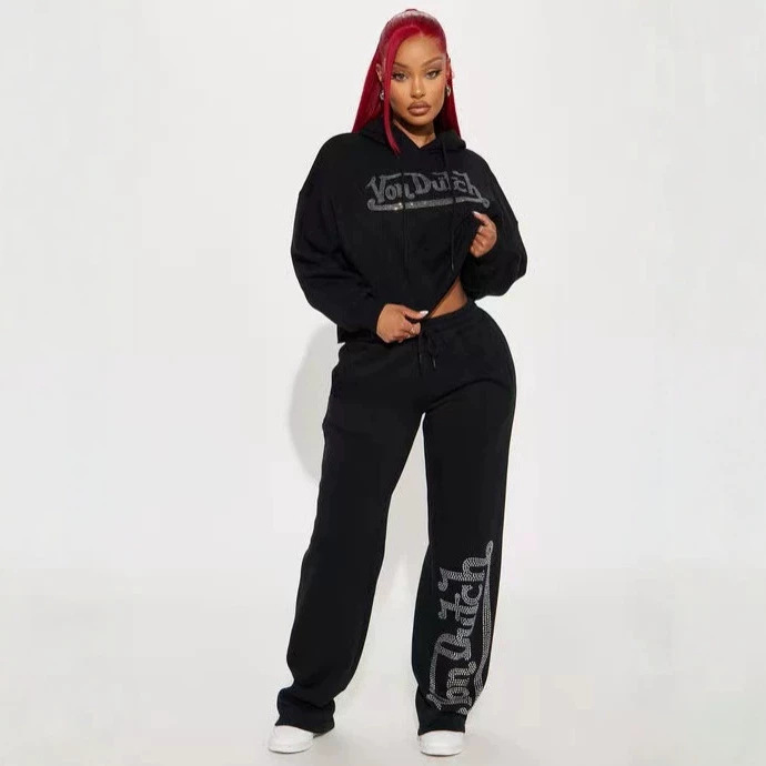 Beaded Hoodie & Wide Leg Sweatpants Two-Piece Set