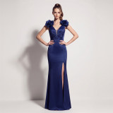 Plus Size Women's Formal Party Floral Beaded Deep-V High-Slit Dress
