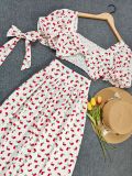 Women's Fashionable Holiday Polka-Dot Printed Puff-Sleeve Cropped Top with Skirt Two-Piece Set